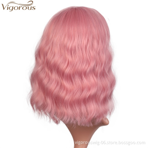 Vigorous Synthetic Short Cosplay Wigs for Black Women 14 Inches Wavy Pink Color With Flat Bangs Heat Resistant Fiber Hair